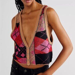 Free people Camilla Stylish Argyle Knit Vest - Pink and Black Cropped Size XS